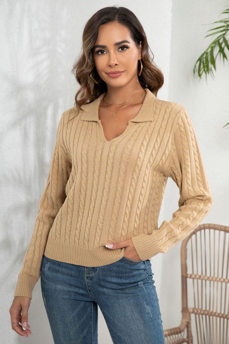 WOMEN LAPEL TWIST LOOSE LONG SLEEVE KNIT SWEATER