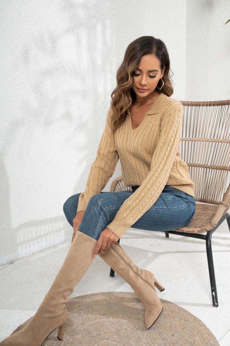 WOMEN LAPEL TWIST LOOSE LONG SLEEVE KNIT SWEATER