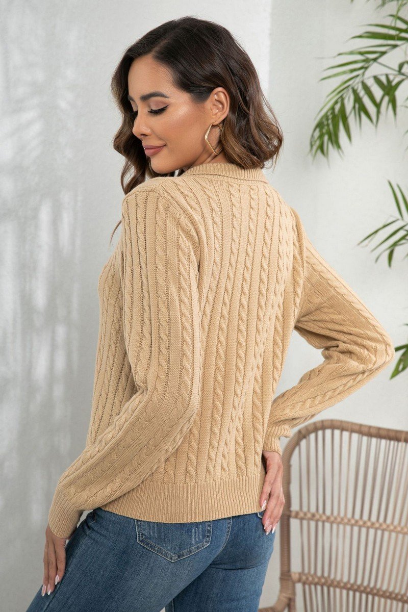 WOMEN LAPEL TWIST LOOSE LONG SLEEVE KNIT SWEATER