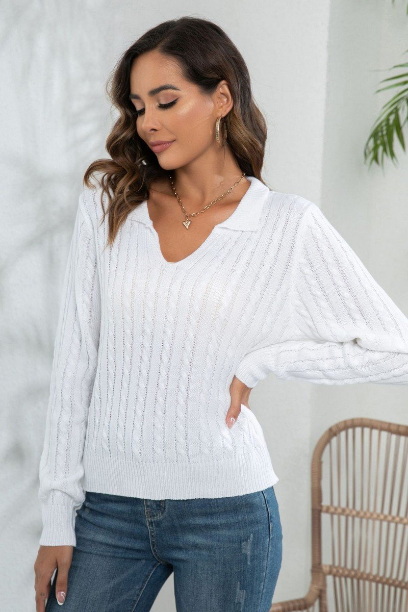 WOMEN LAPEL TWIST LOOSE LONG SLEEVE KNIT SWEATER