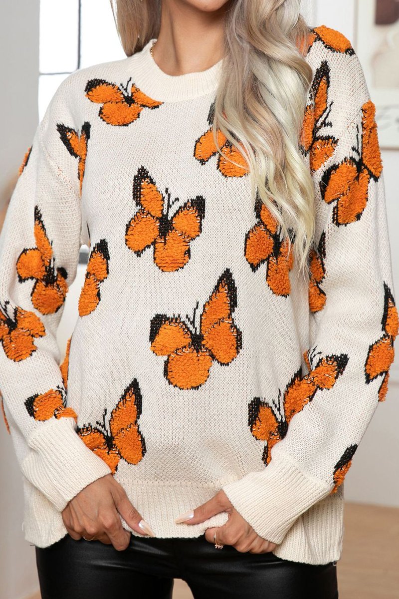 WOMEN BUTTERFLY JACQUARD LOOSE KNIT SWEATER