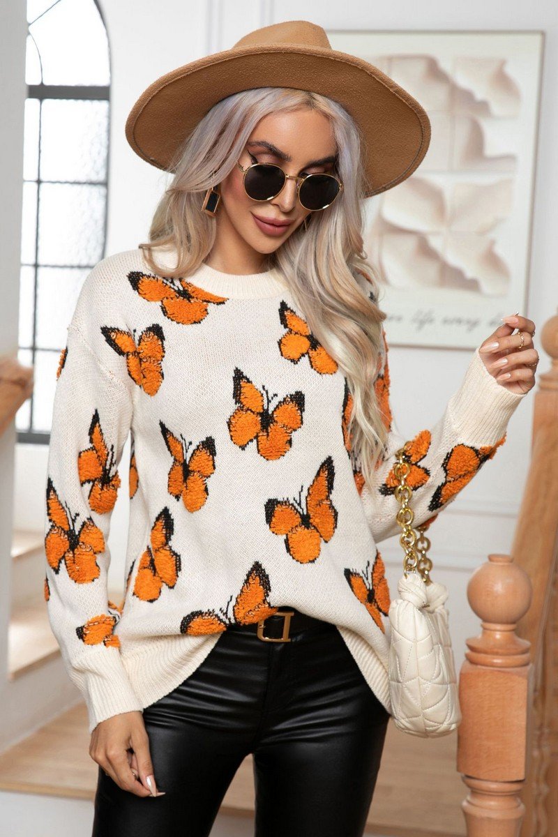 WOMEN BUTTERFLY JACQUARD LOOSE KNIT SWEATER