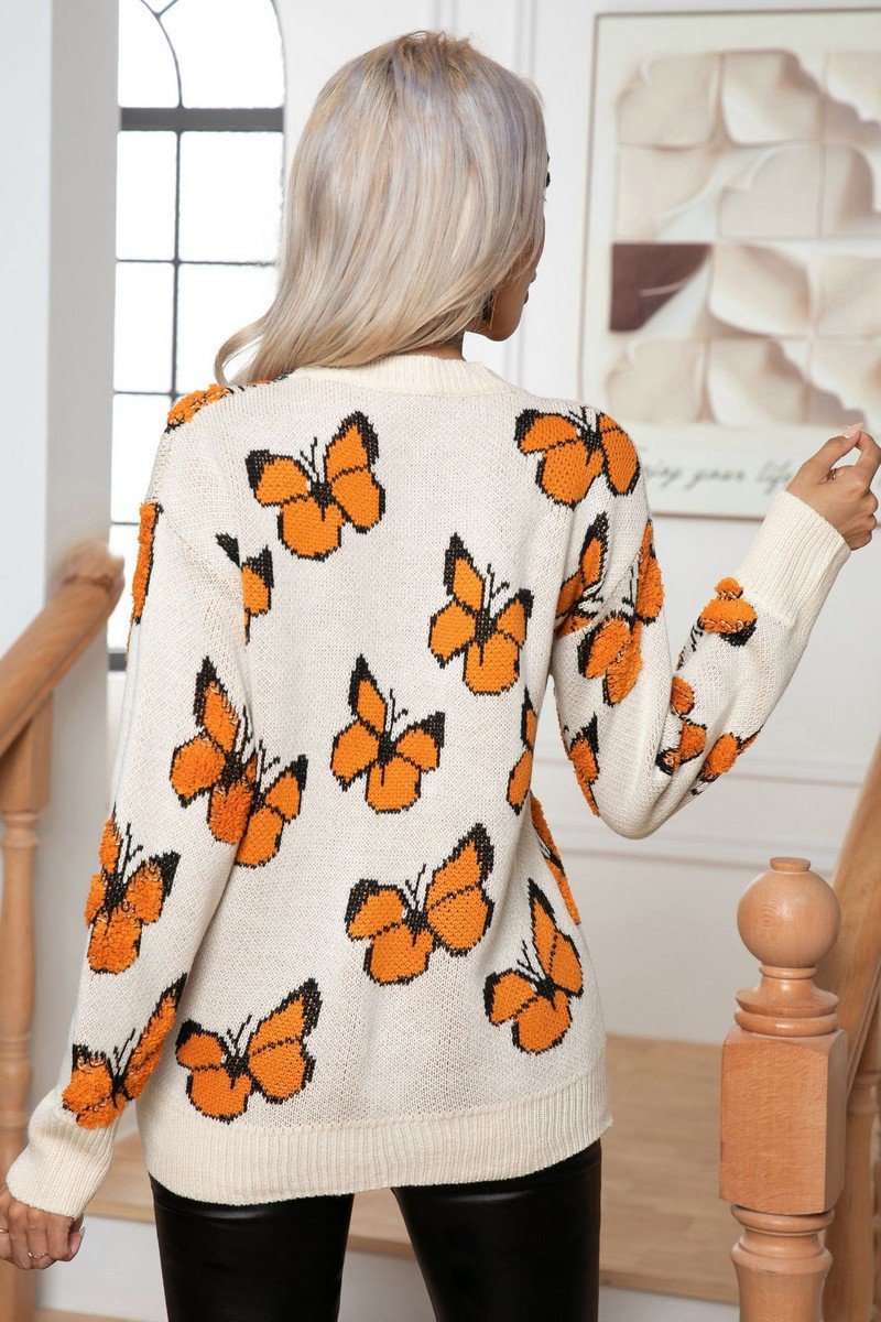 WOMEN BUTTERFLY JACQUARD LOOSE KNIT SWEATER