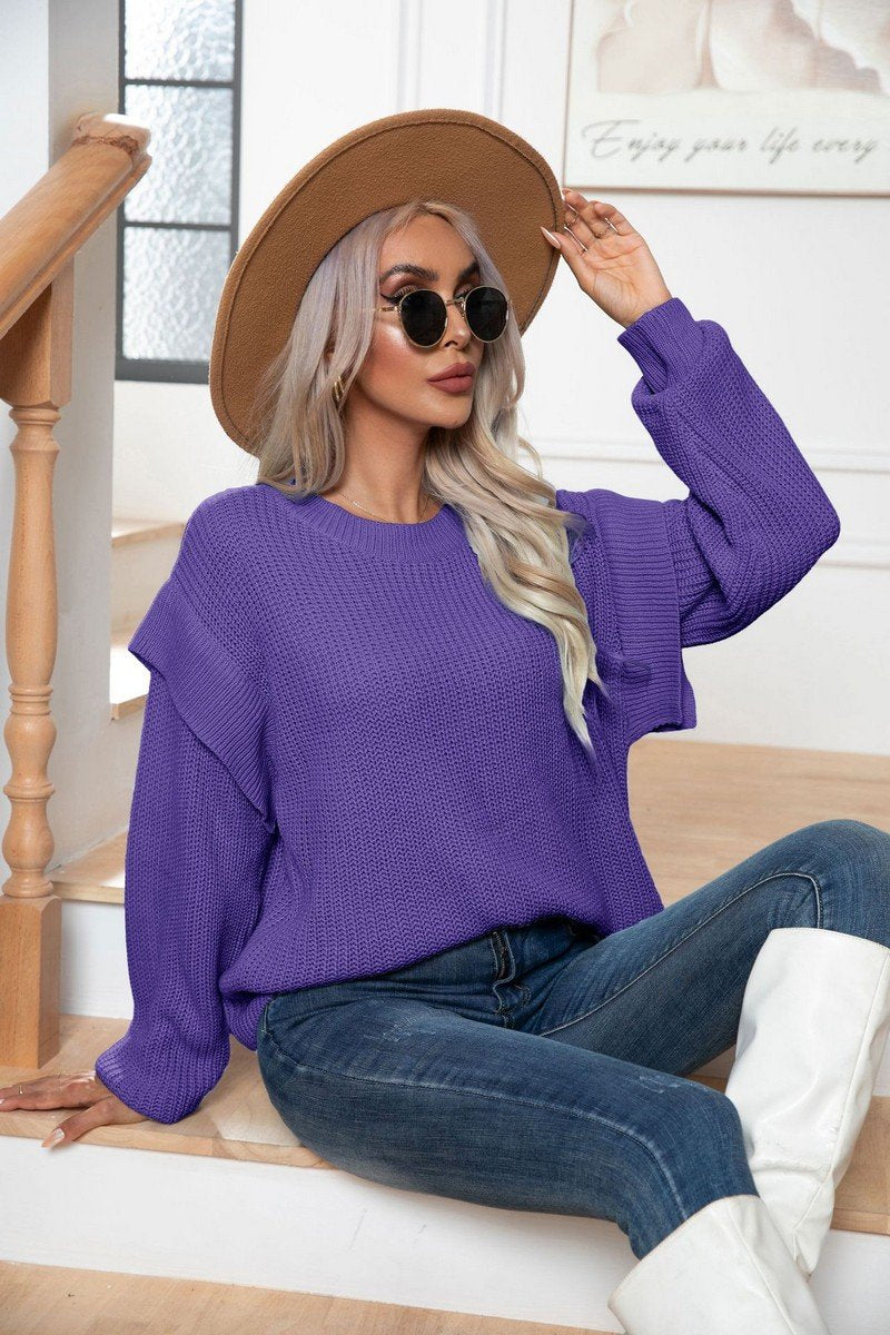 WOMEN SPLICE SHOULDER LOOSE KNIT SWEATER