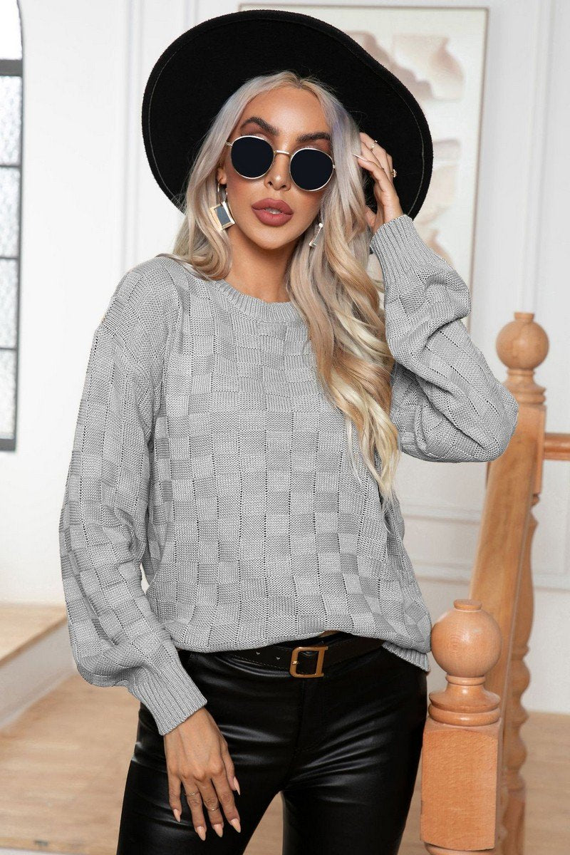 STEREOSCOPIC PLAID CASUAL KNIT SWEATER PULLOVER