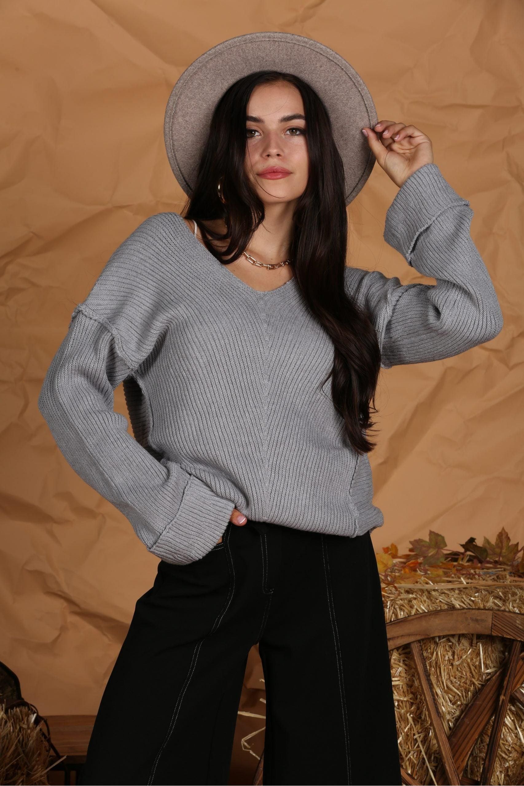 LINED CABLE KNITTED LOOSE FIT TUNIC SWEATER TOP - Doublju