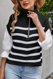 WOMEN STRIPE ZIP UP NECK SLEEVELESS VEST SWEATER