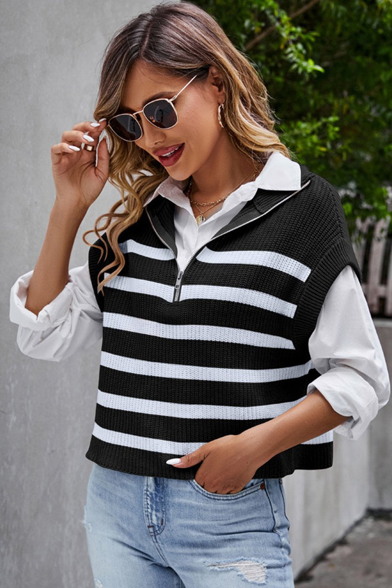 WOMEN STRIPE ZIP UP NECK SLEEVELESS VEST SWEATER