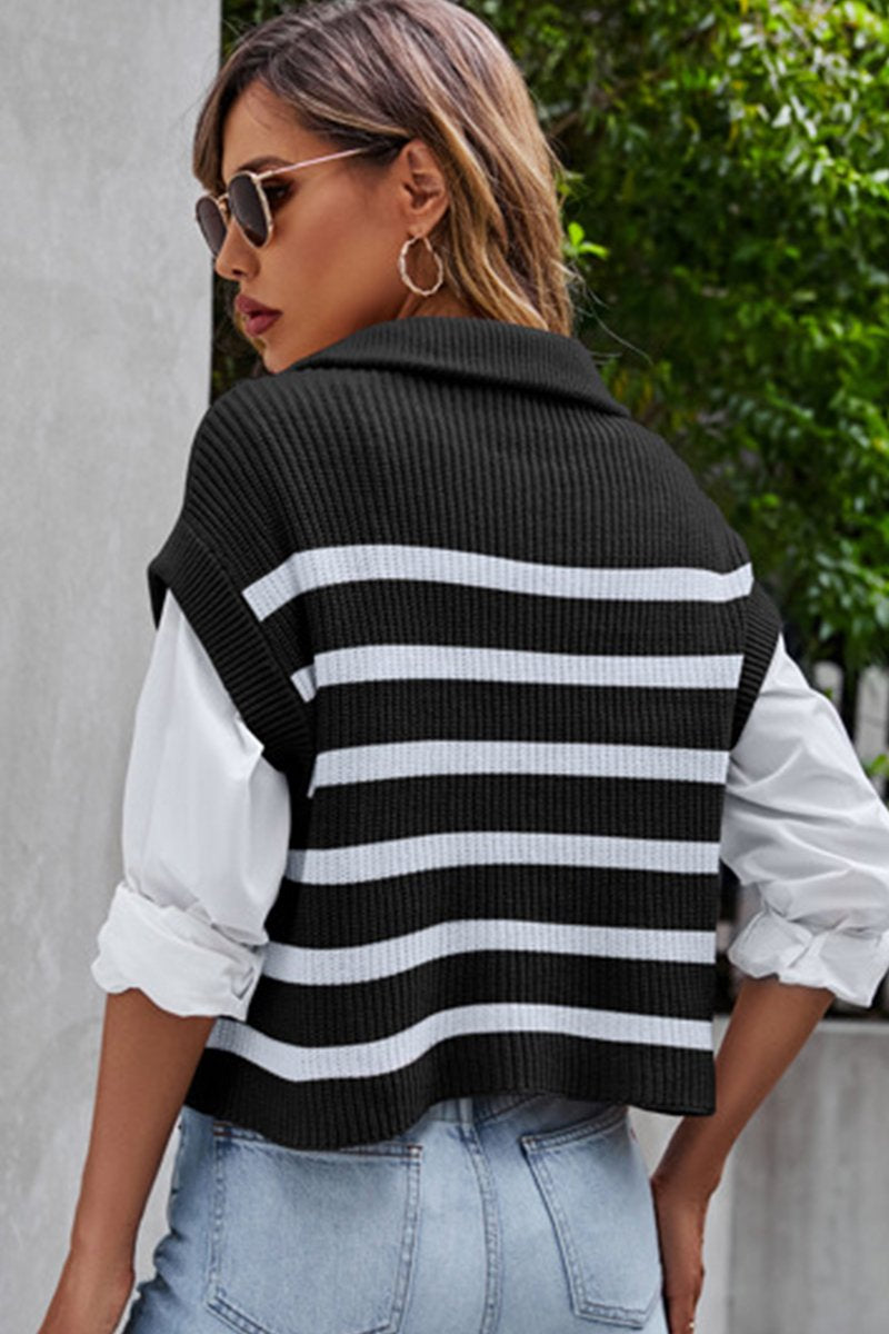 WOMEN STRIPE ZIP UP NECK SLEEVELESS VEST SWEATER