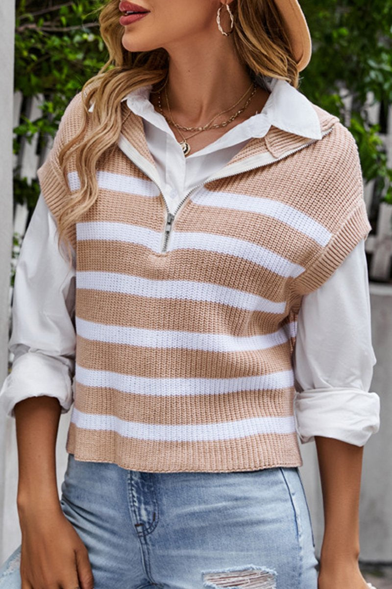 WOMEN STRIPE ZIP UP NECK SLEEVELESS VEST SWEATER