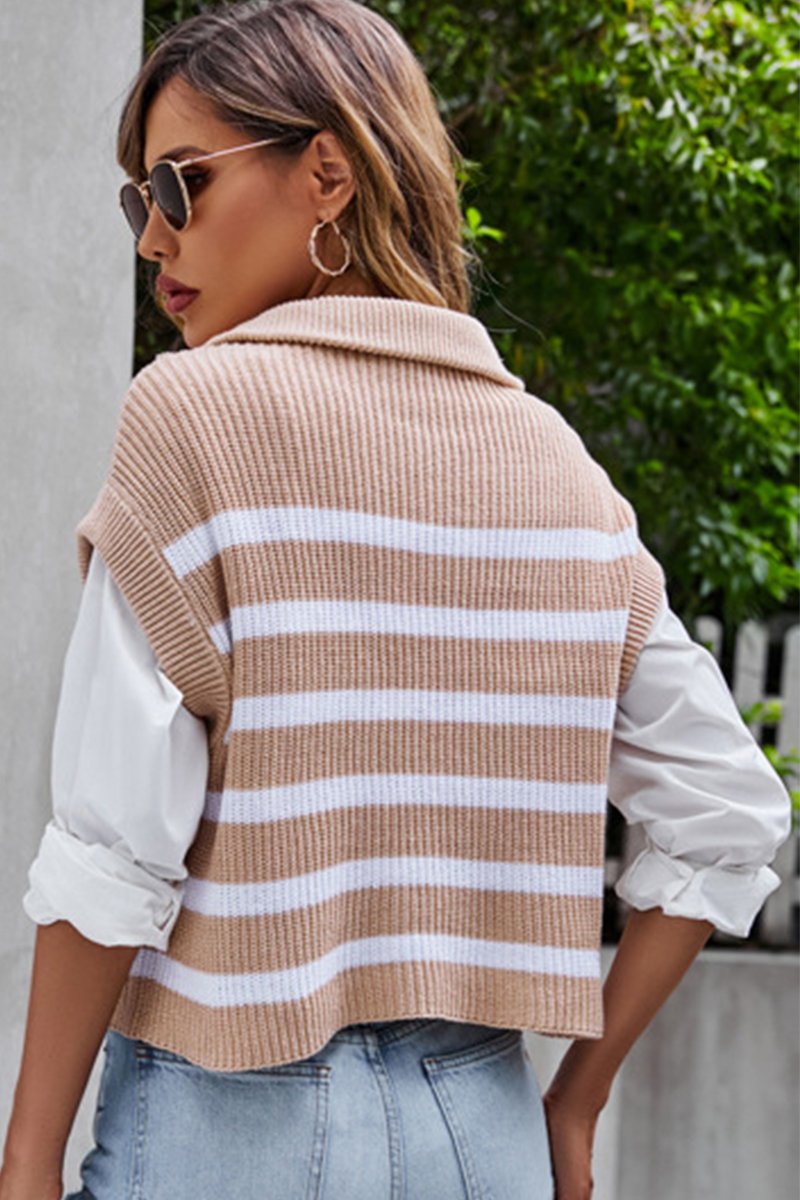 WOMEN STRIPE ZIP UP NECK SLEEVELESS VEST SWEATER