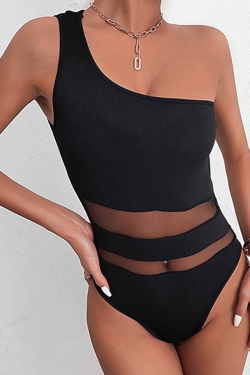 ONE SHOULDER TIGHT FIT MESH POINT BODYSUIT - Doublju