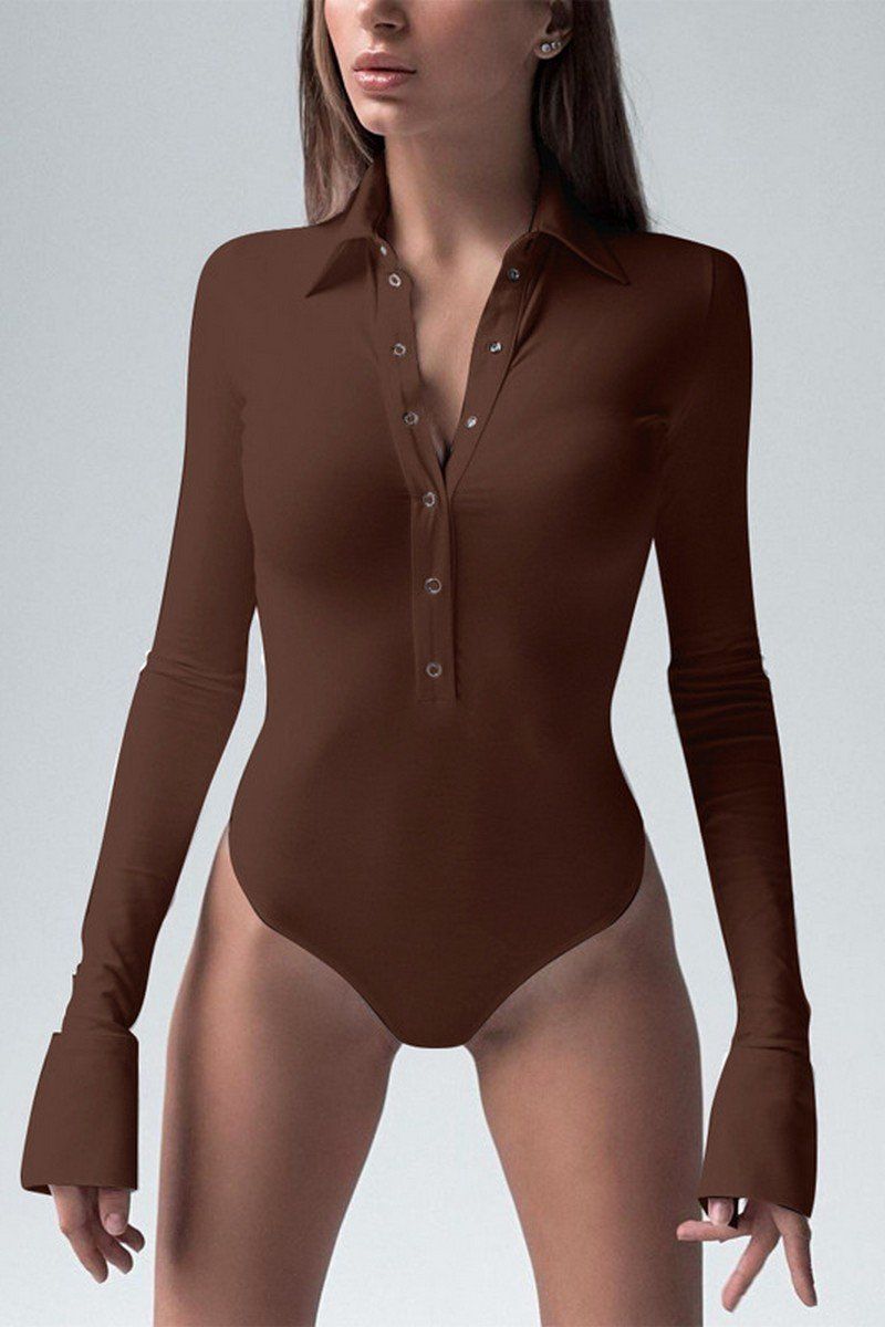 WOMEN LONG SLEEVE LAPEL BUTTON UP NECK BODYSUIT