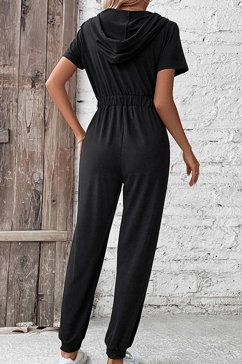 WOMEN HALF ZIP UP HOODED ELASTIC WAIST JUMPSUIT - Doublju