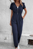 WOMEN HALF ZIP UP HOODED ELASTIC WAIST JUMPSUIT - Doublju