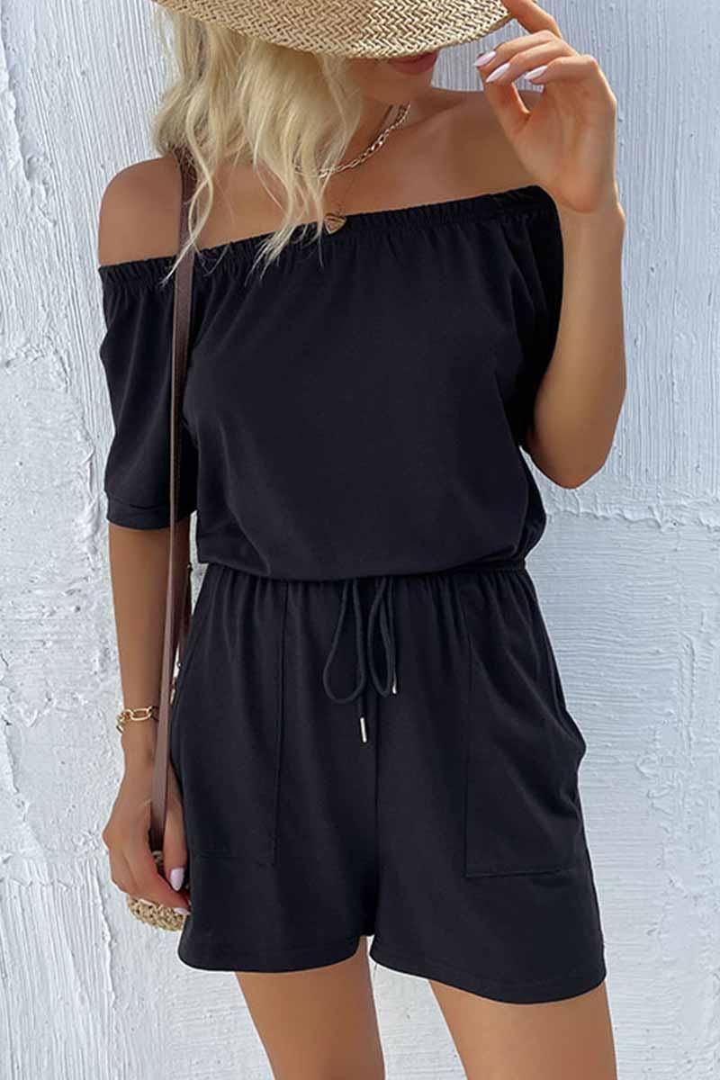 OFF SHOUDER SIMPLE WAIST STRAP ROMPER - Doublju