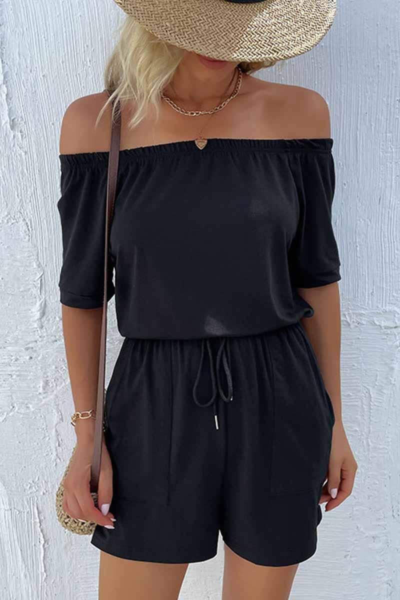 OFF SHOUDER SIMPLE WAIST STRAP ROMPER - Doublju