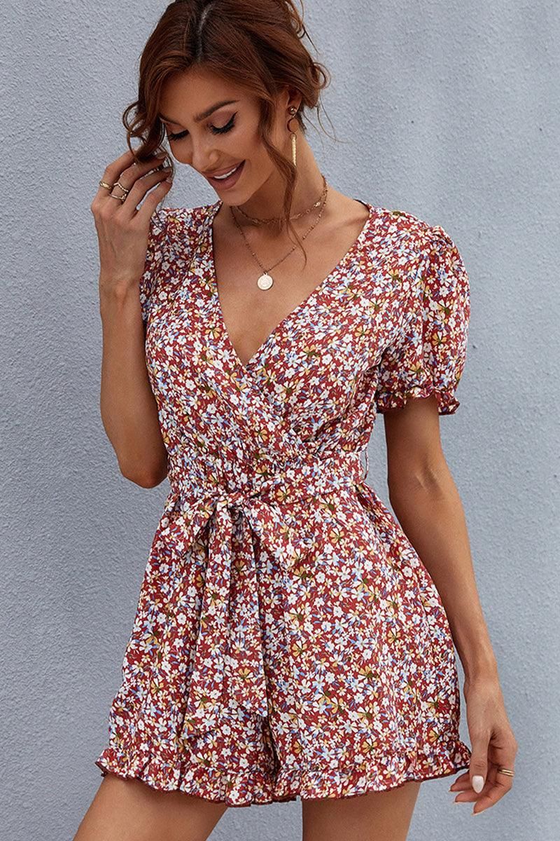 WOMEN FLORAL PRINTING WAIST TIED SUMMER ROMPER - Doublju