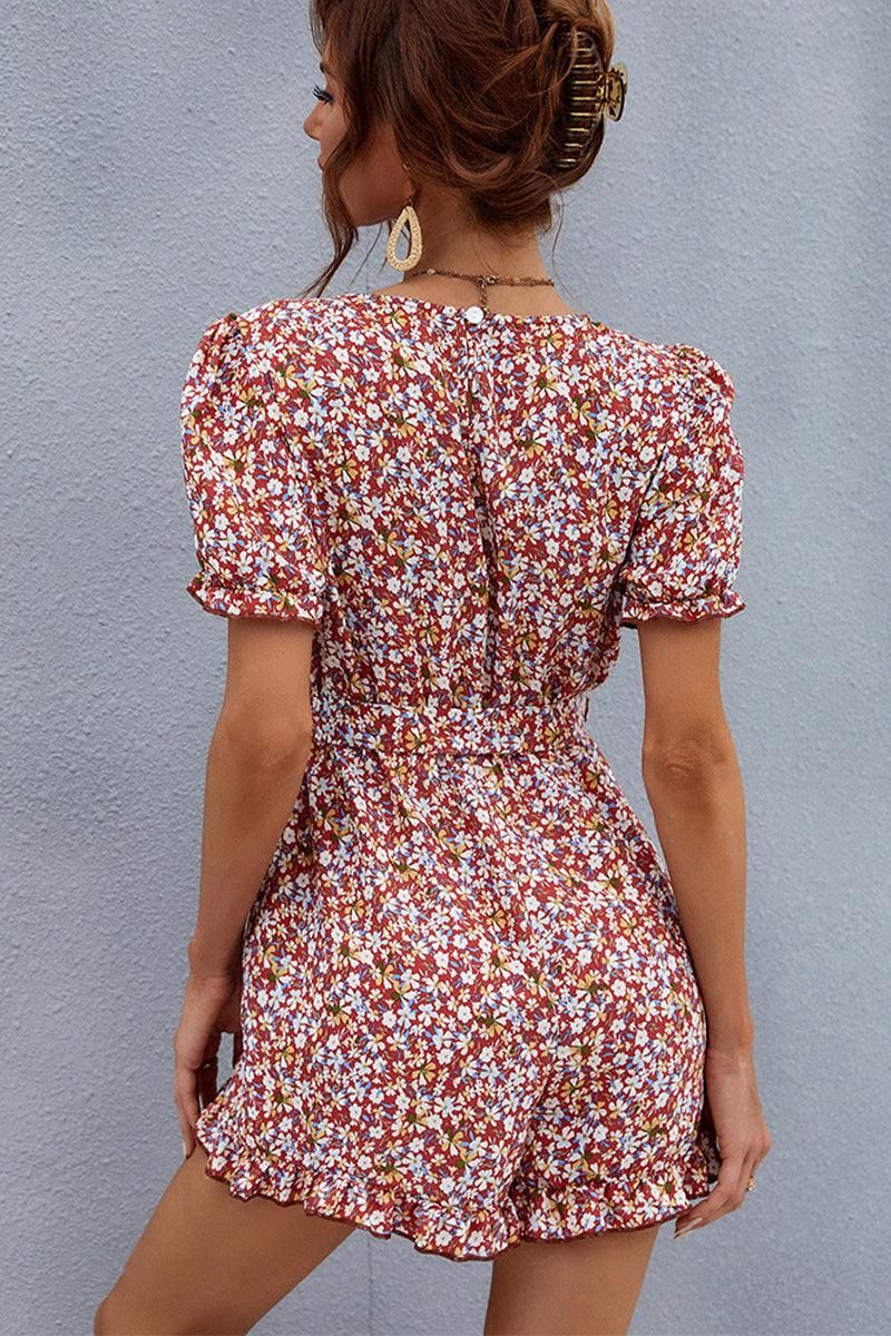 WOMEN FLORAL PRINTING WAIST TIED SUMMER ROMPER - Doublju