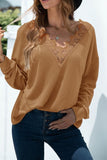 V NECK STITCHING SOLID COLOR LONG SLEEVE TOP - Doublju