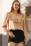 RUFFLED LACE POINT BUTTON UP LONG SLEEVE BLOUSE - Doublju