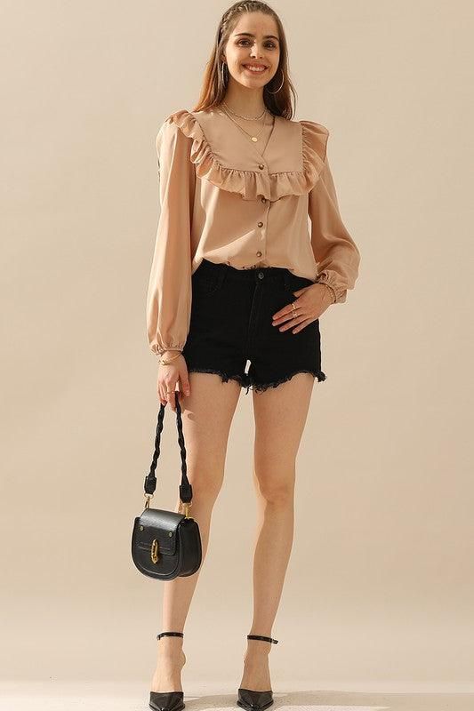 RUFFLED LACE POINT BUTTON UP LONG SLEEVE BLOUSE - Doublju