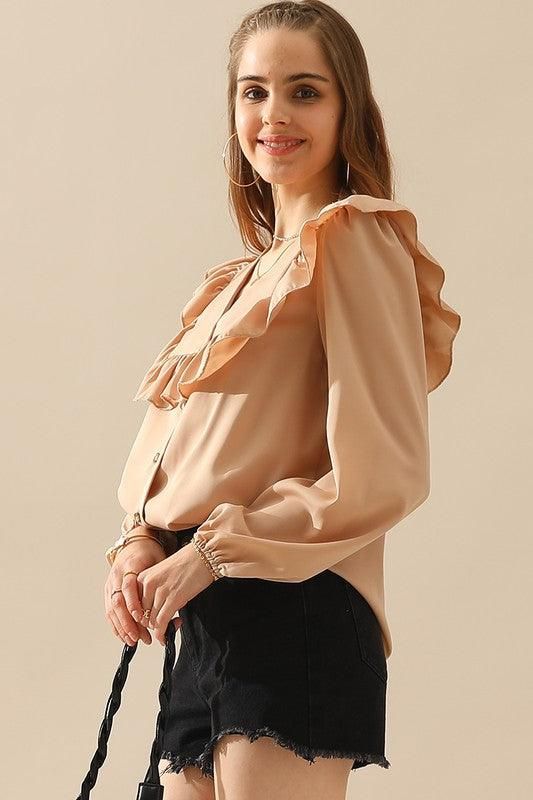 RUFFLED LACE POINT BUTTON UP LONG SLEEVE BLOUSE - Doublju