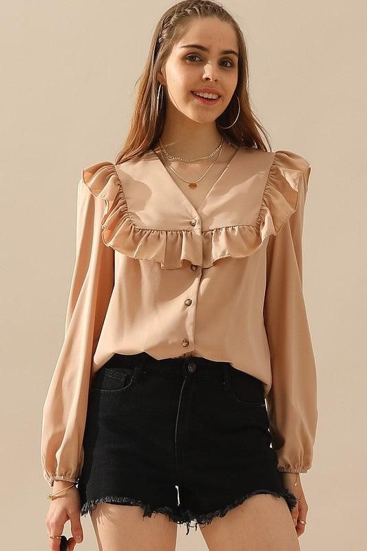 RUFFLED LACE POINT BUTTON UP LONG SLEEVE BLOUSE - Doublju