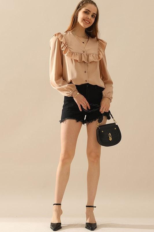 RUFFLED LACE POINT BUTTON UP LONG SLEEVE BLOUSE - Doublju