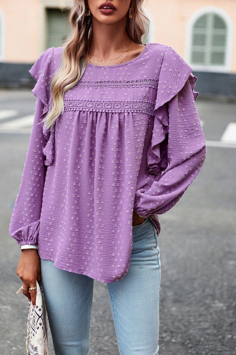 LACE TRIM FRILL LONG LSEEVE SWISS DOT BLOUSE