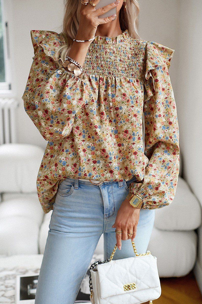 WOMEN FRLL SHOULDER ELASTIC CUFF FLORAL BLOUSE