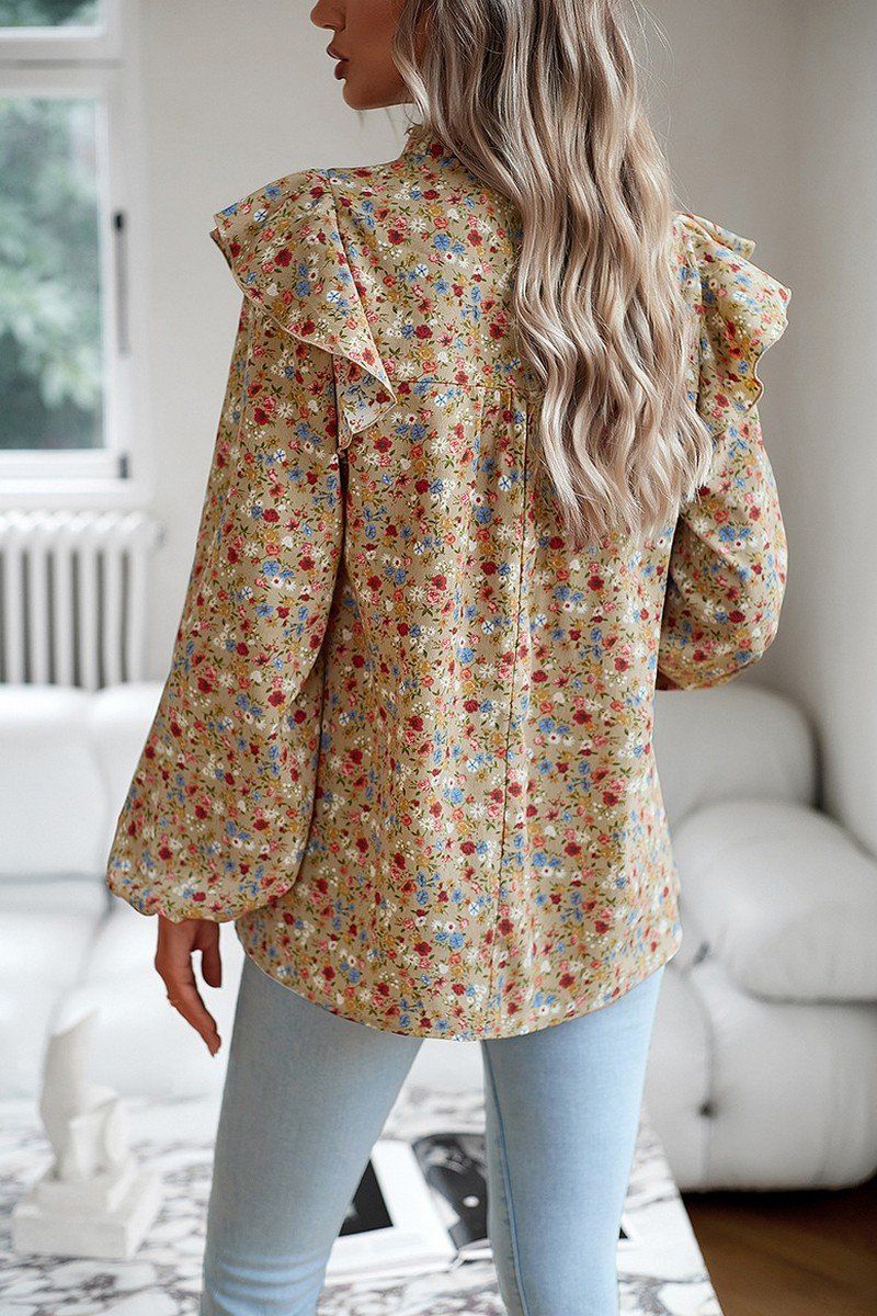 WOMEN FRLL SHOULDER ELASTIC CUFF FLORAL BLOUSE