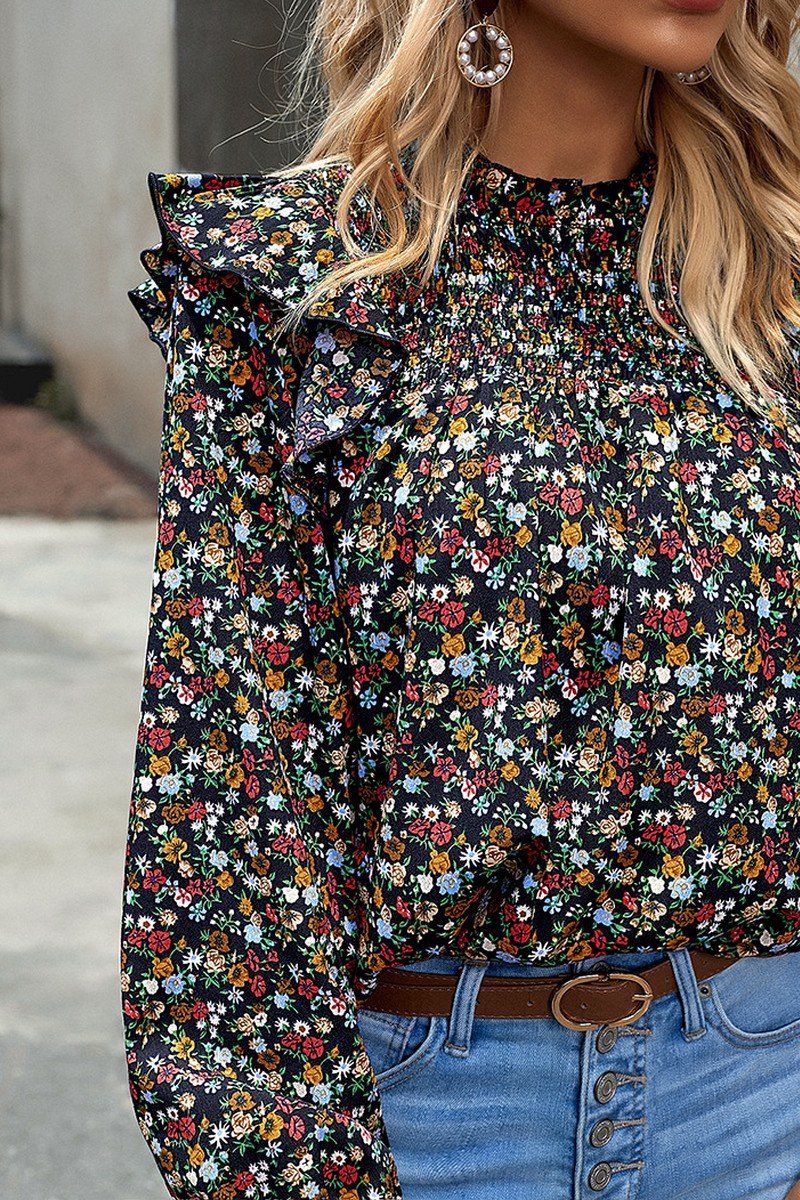 WOMEN FRLL SHOULDER ELASTIC CUFF FLORAL BLOUSE