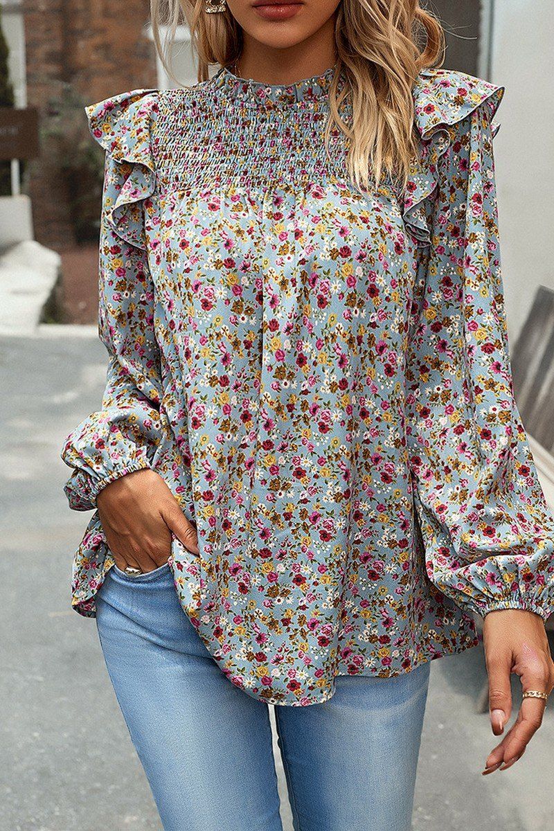 WOMEN FRLL SHOULDER ELASTIC CUFF FLORAL BLOUSE