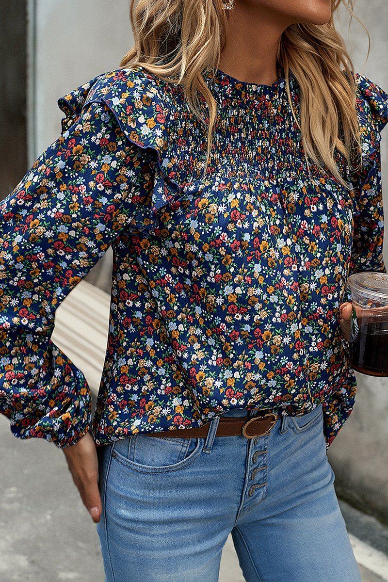 WOMEN FRLL SHOULDER ELASTIC CUFF FLORAL BLOUSE