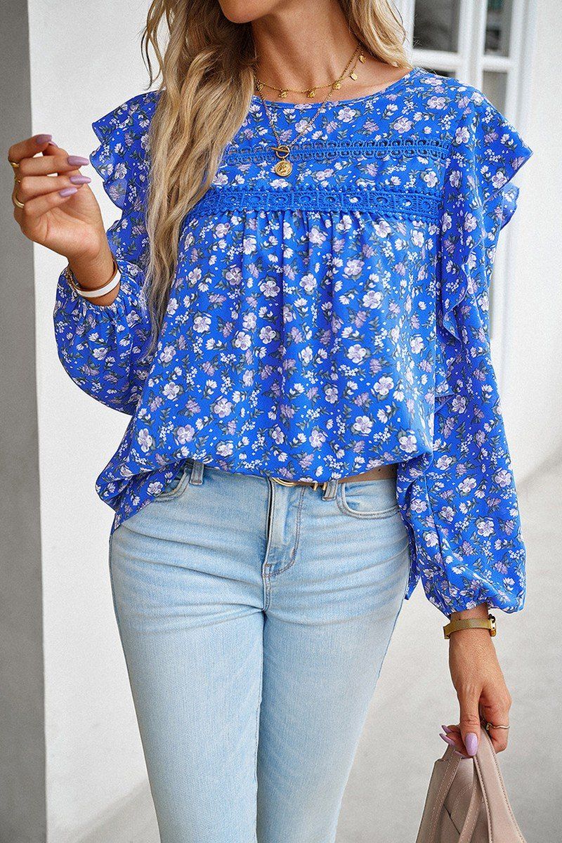 WOMEN LACE TRIM FRILL ANGEL SLEEVE FLORAL BLOUSE