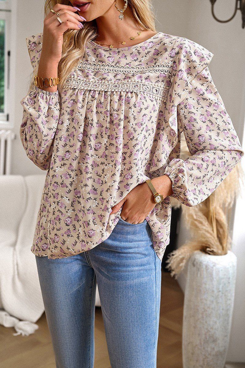 WOMEN LACE TRIM FRILL ANGEL SLEEVE FLORAL BLOUSE