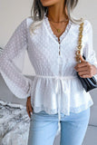 LANTERN SLEEVE RUFFLED SWISS DOT CHIFFON TUNIC