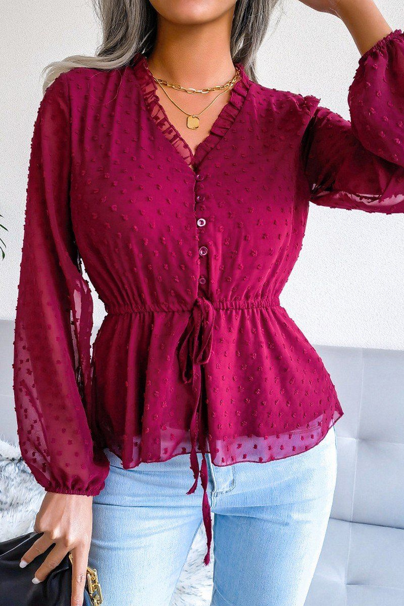 LANTERN SLEEVE RUFFLED SWISS DOT CHIFFON TUNIC