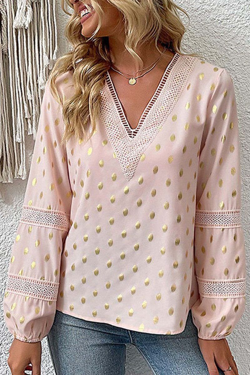 GUIPURE LACE TRIM GOLDEN POLKA DOT PATTERN BLOUSE