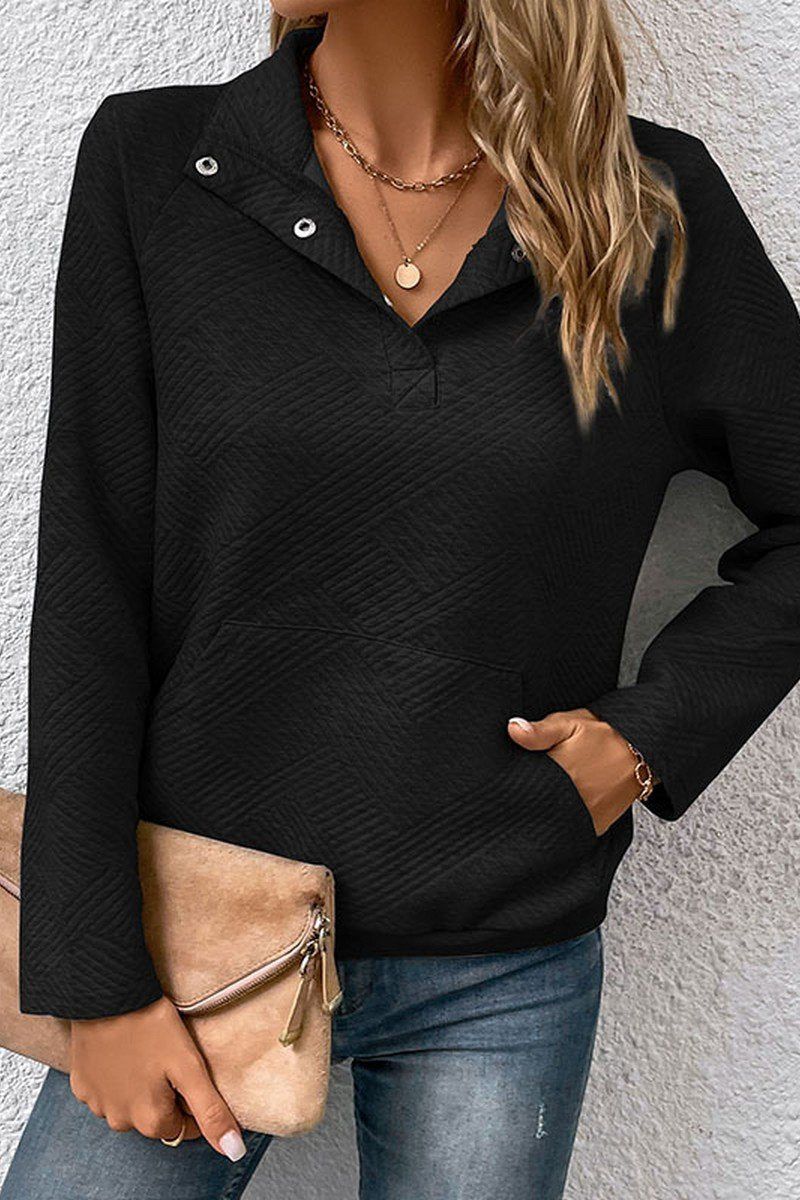 WOMEN BUTTON NECK KANGAROO POCKET PULLOVER