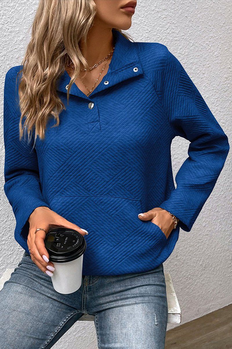 WOMEN BUTTON NECK KANGAROO POCKET PULLOVER