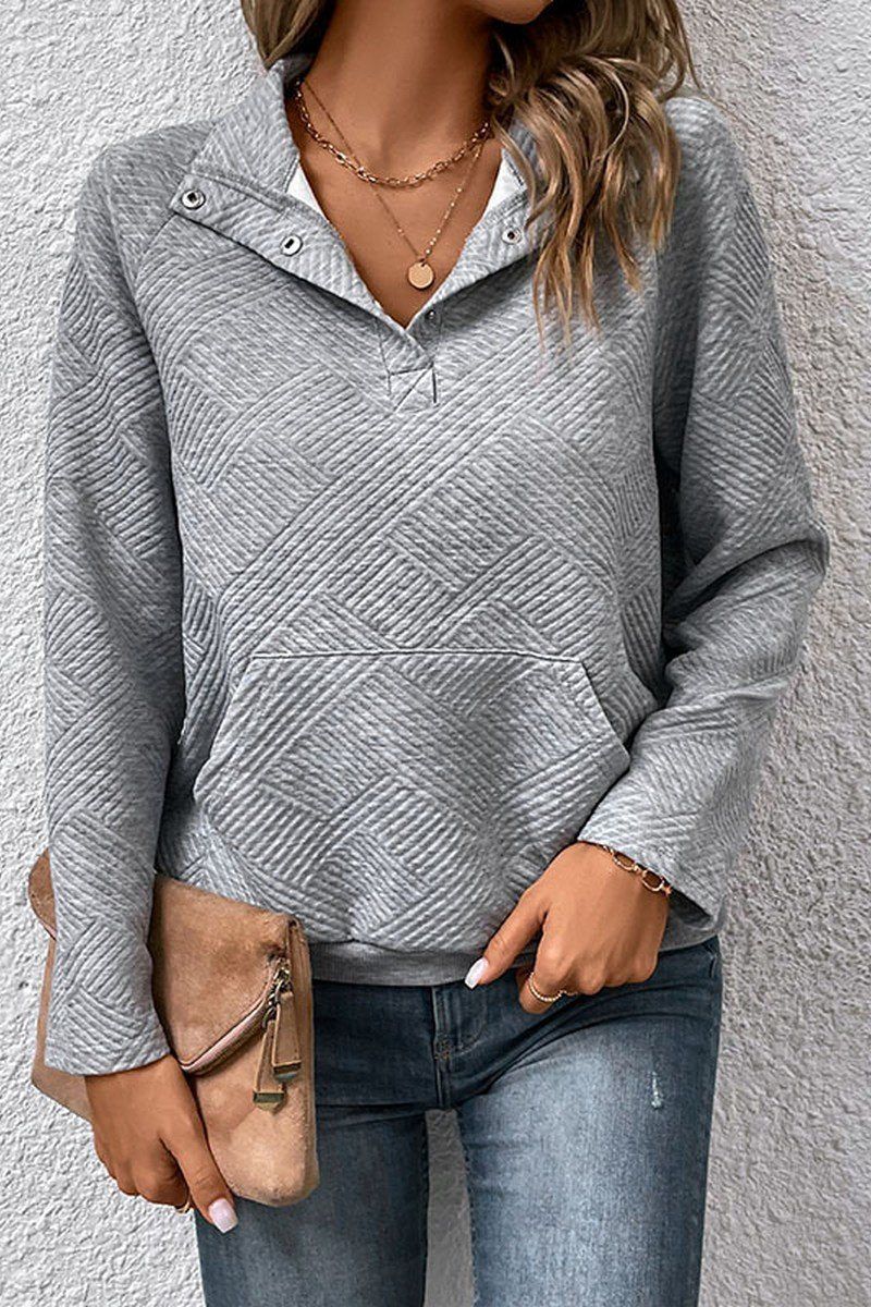 WOMEN BUTTON NECK KANGAROO POCKET PULLOVER