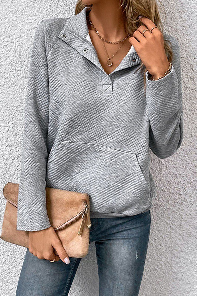 WOMEN BUTTON NECK KANGAROO POCKET PULLOVER