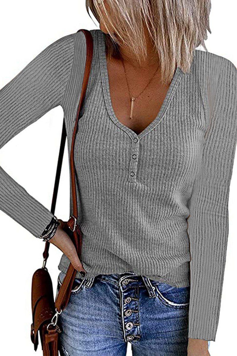 WOMEN SEXY DEEP BUTTON NECK CORDUROY KNIT TOP