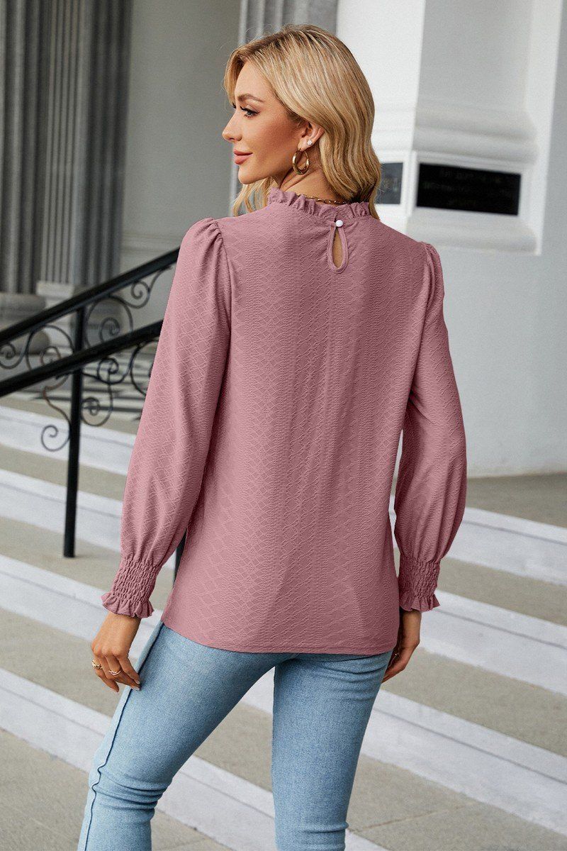 WOMEN RUFFLED HIGH NECK LONG SLEEVE BLOUSE