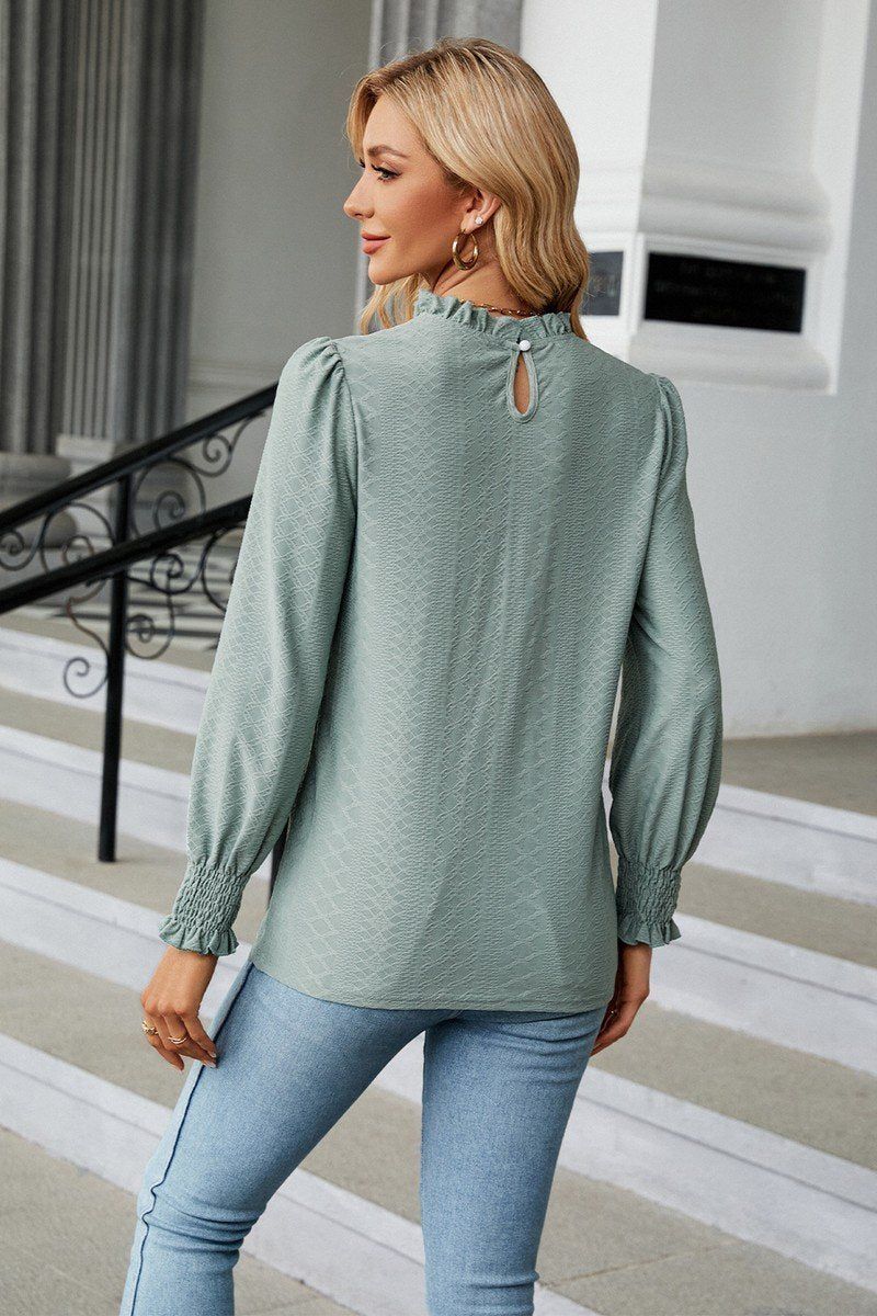 WOMEN RUFFLED HIGH NECK LONG SLEEVE BLOUSE