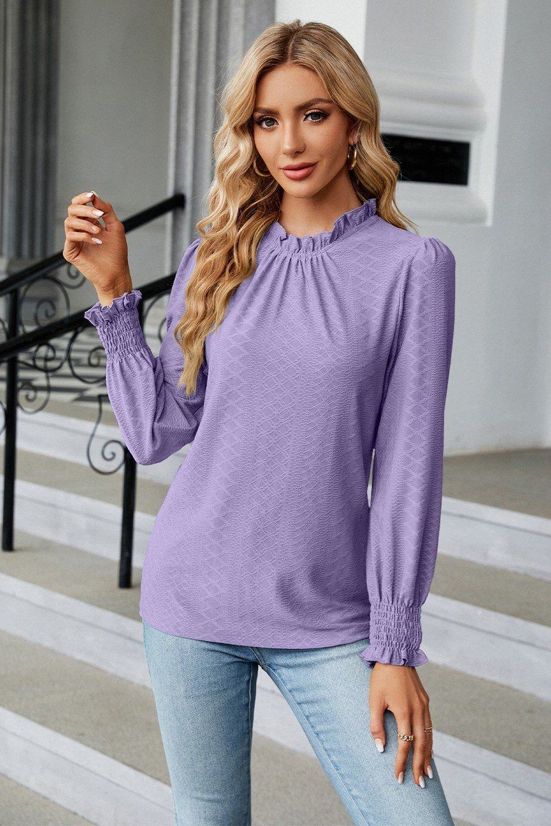 WOMEN RUFFLED HIGH NECK LONG SLEEVE BLOUSE