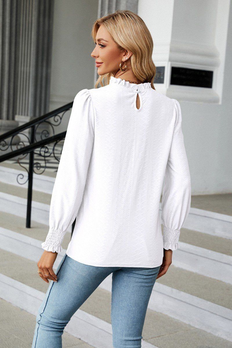 WOMEN RUFFLED HIGH NECK LONG SLEEVE BLOUSE