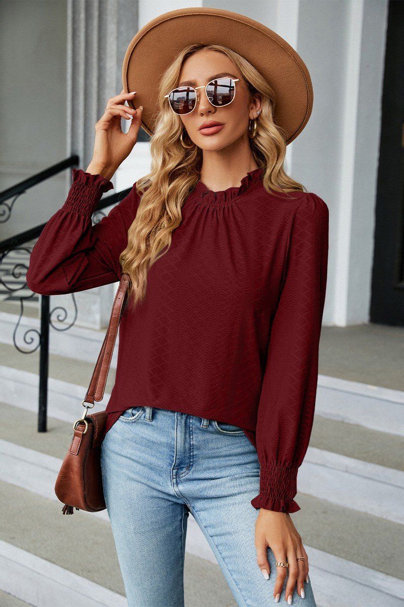 WOMEN RUFFLED HIGH NECK LONG SLEEVE BLOUSE